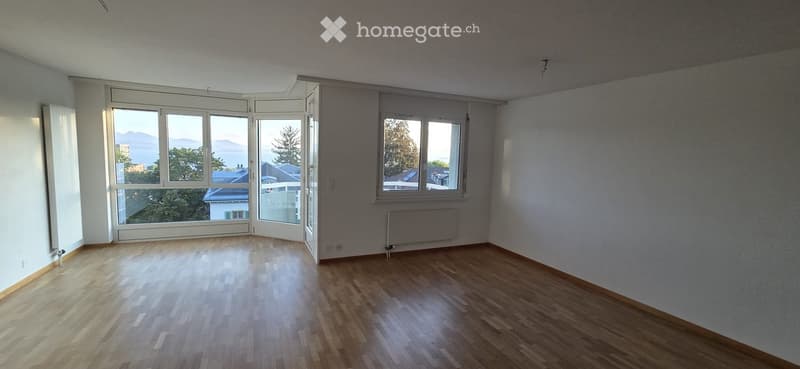 Empty room with wooden flooring, large windows offering a scenic view, and a radiator on one wall.