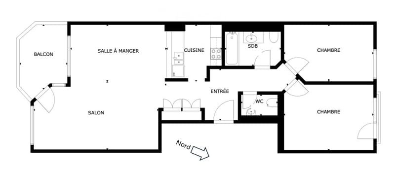 Floor plan of a 3-bedroom apartment with a living room, dining room, kitchen, two bathrooms, and a balcony.