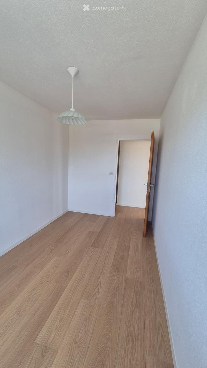Empty hallway with light wooden flooring, white walls, and a single hanging light fixture. A door is visible at the end of the hallway.