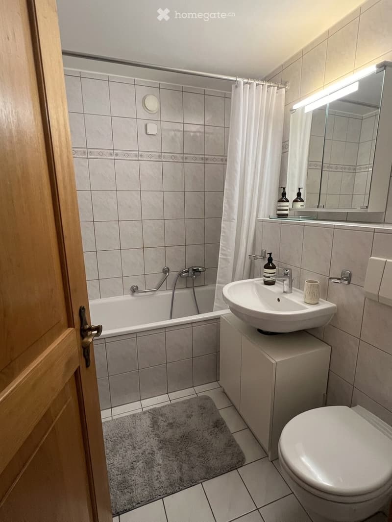 Modern bathroom with a bathtub, sink, toilet, mirror, and a small shelf holding toiletries and a cup. The walls are tiled, and a gray rug is placed on the floor.