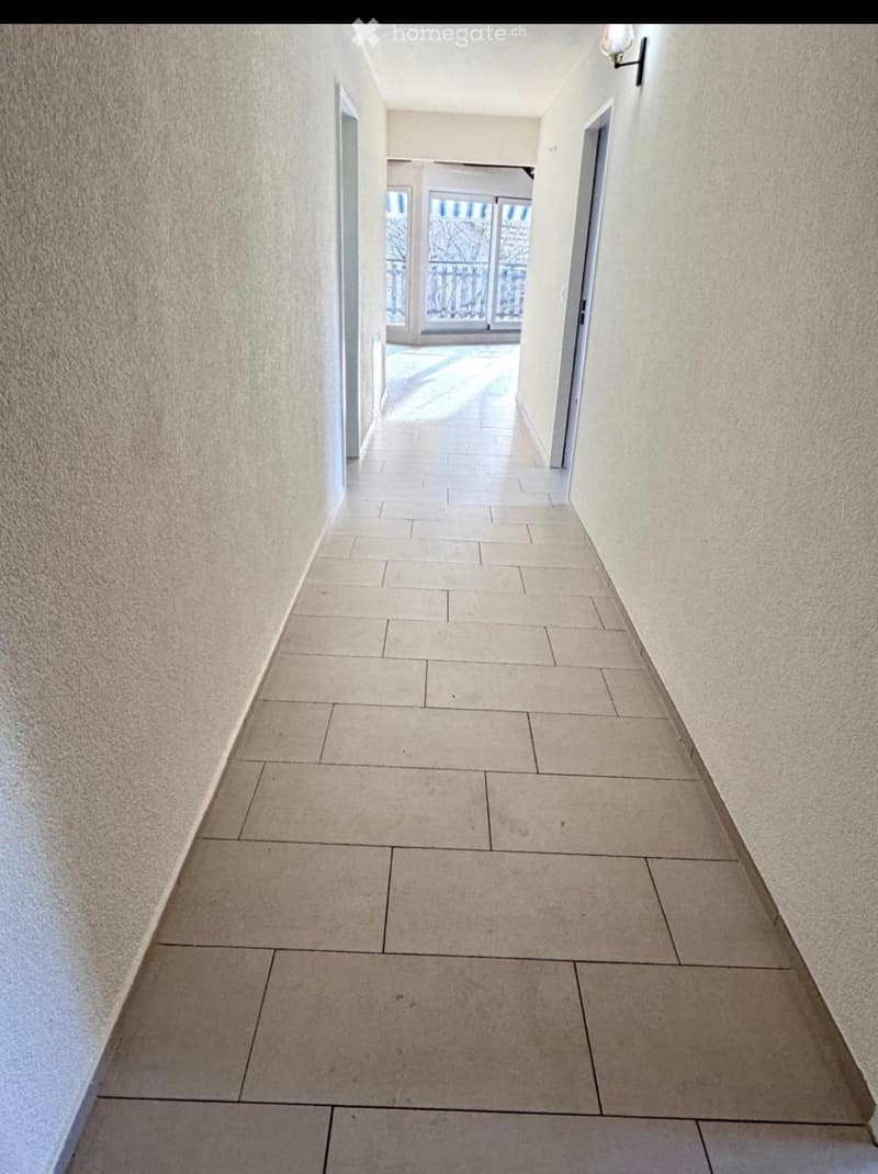 Clean, tiled hallway with light-colored walls and a smooth floor, leading to an open area with large windows and a view of a balcony.