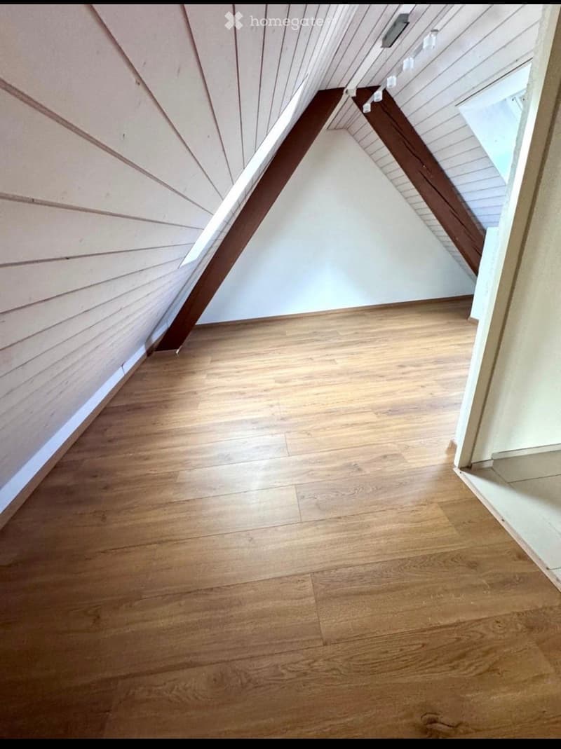 Wooden floor and paneled ceiling in a narrow hallway with a small window at the end.