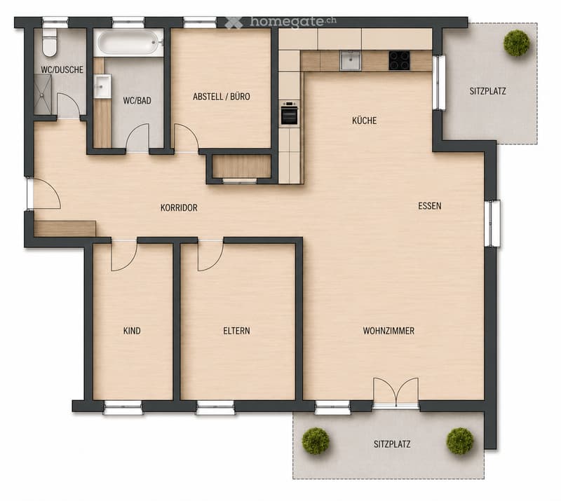 Floor plan of a modern apartment with a living room, dining area, kitchen, two bedrooms, two bathrooms, and a hallway.