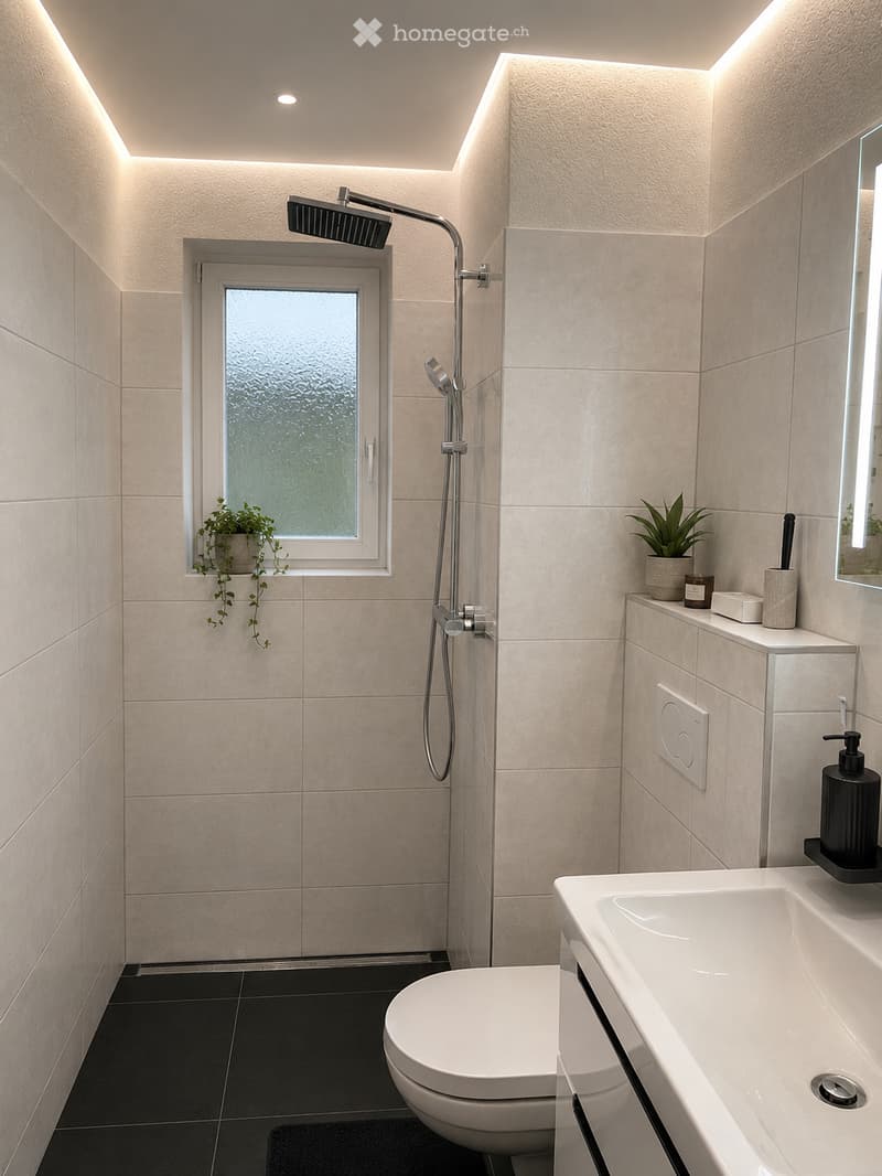 Modern bathroom with white tiles, a toilet, a sink, a shower, a mirror, and decorative plants on the windowsill.
