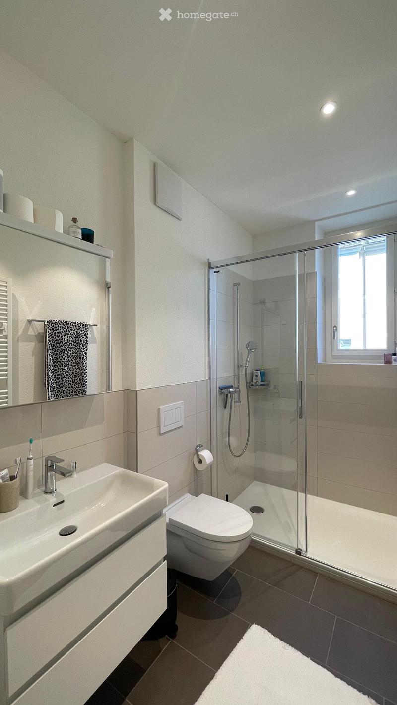 Modern bathroom with a white sink, toilet, glass-enclosed shower, and a mirror above the sink. The room features a sleek design with a white towel and a small white rug on the floor.