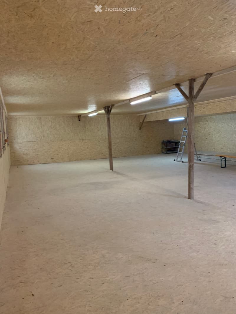Empty garage with concrete floor, wooden walls, and support beams. Minimal lighting and a ladder in the corner.