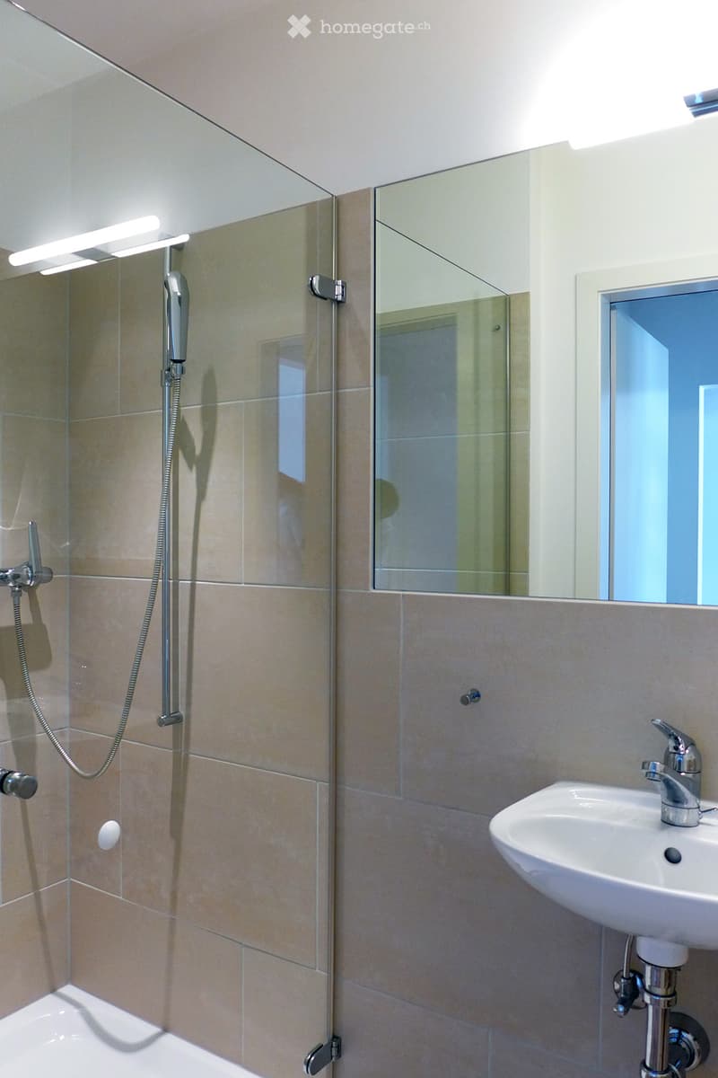 Modern bathroom with beige tiled walls, a white sink with a chrome faucet, a glass-enclosed shower area with a chrome showerhead, and a large mirror above the sink.