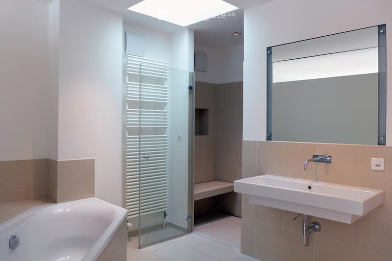 Modern bathroom with a bathtub, sink, large mirror, glass shower enclosure, and a white radiator.
