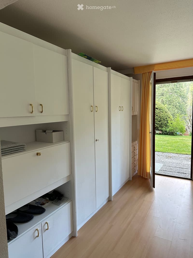 Spacious walk-in closet with white cabinets, multiple shelves, drawers, and shoe storage. An open glass door leads to a patio with a garden view.