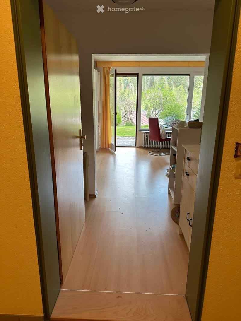 Wooden floor, yellow walls, large window, balcony, sliding door, hallway