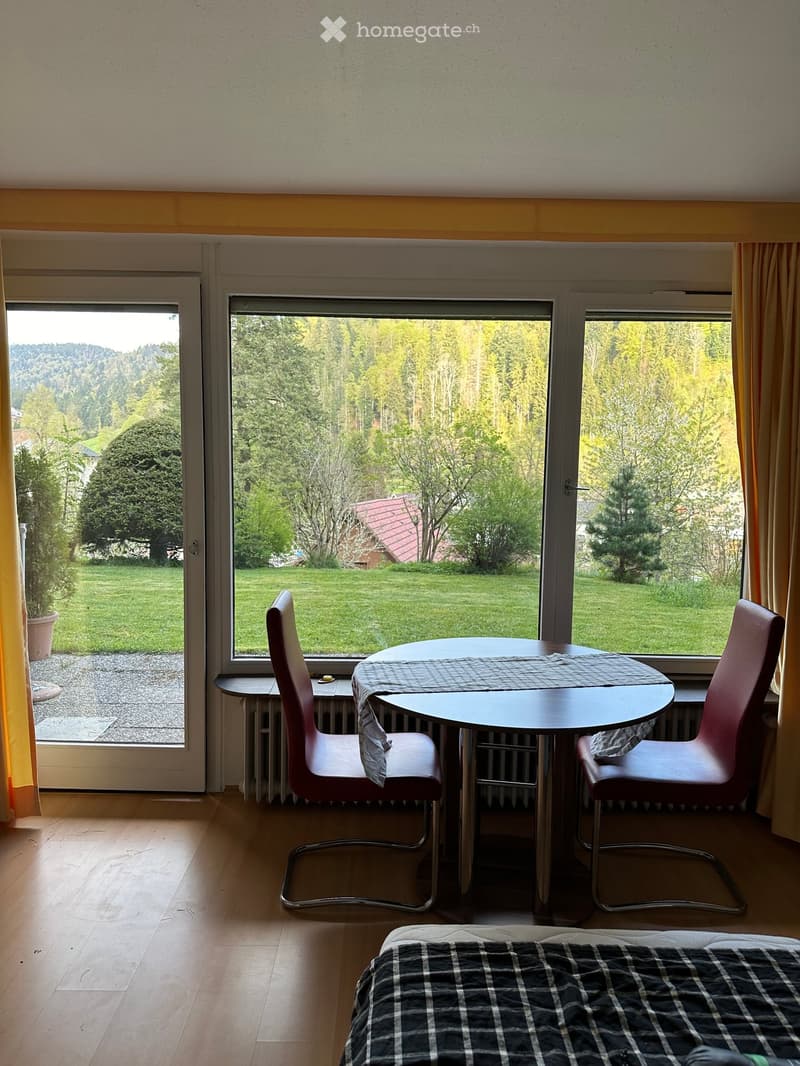round table with two chairs, double bed, large windows, potted plant, wooden floor