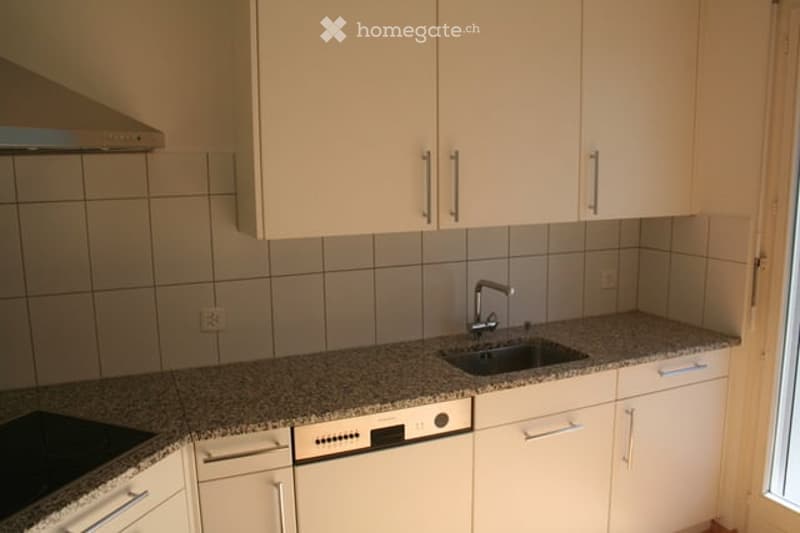 Modern kitchen with white cabinets, granite countertop, stainless steel sink, dishwasher, and stove.