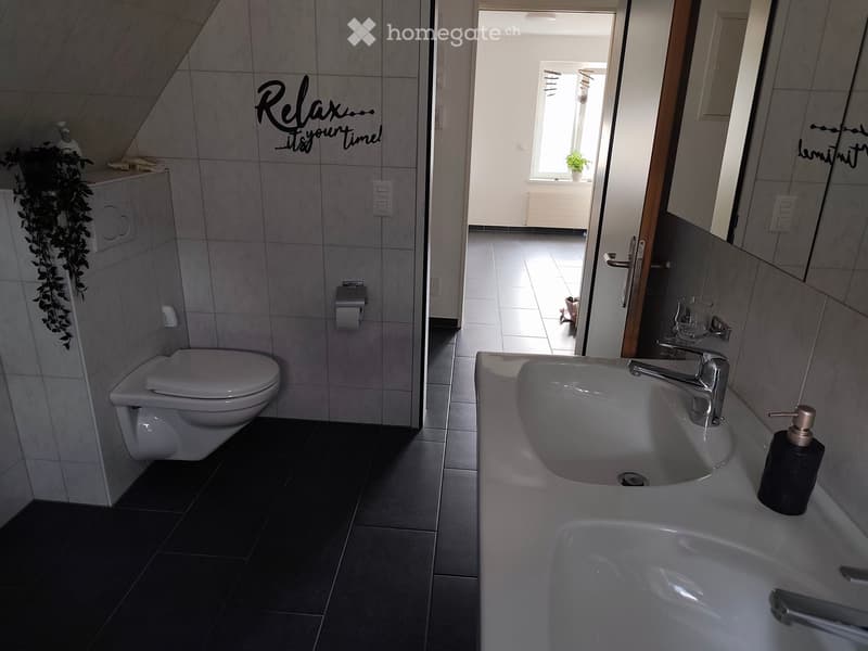 Modern bathroom with a toilet, sink, and faucet. The walls are tiled, and there is a decorative plant on the cabinet. The floor is dark tiled.