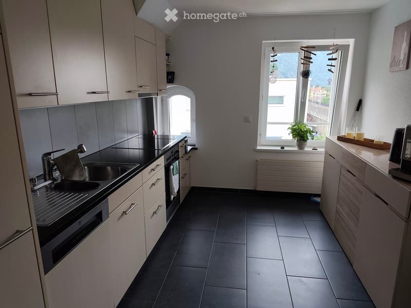 Modern kitchen with light-colored cabinets, stainless steel appliances, and a black countertop. Features a sink, faucet, oven, and a small plant on the windowsill.