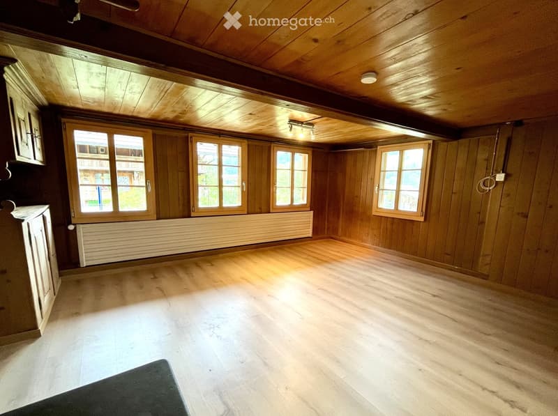 Empty room with wooden walls, wooden ceiling, wooden floor, large windows, radiator, and ceiling lights.