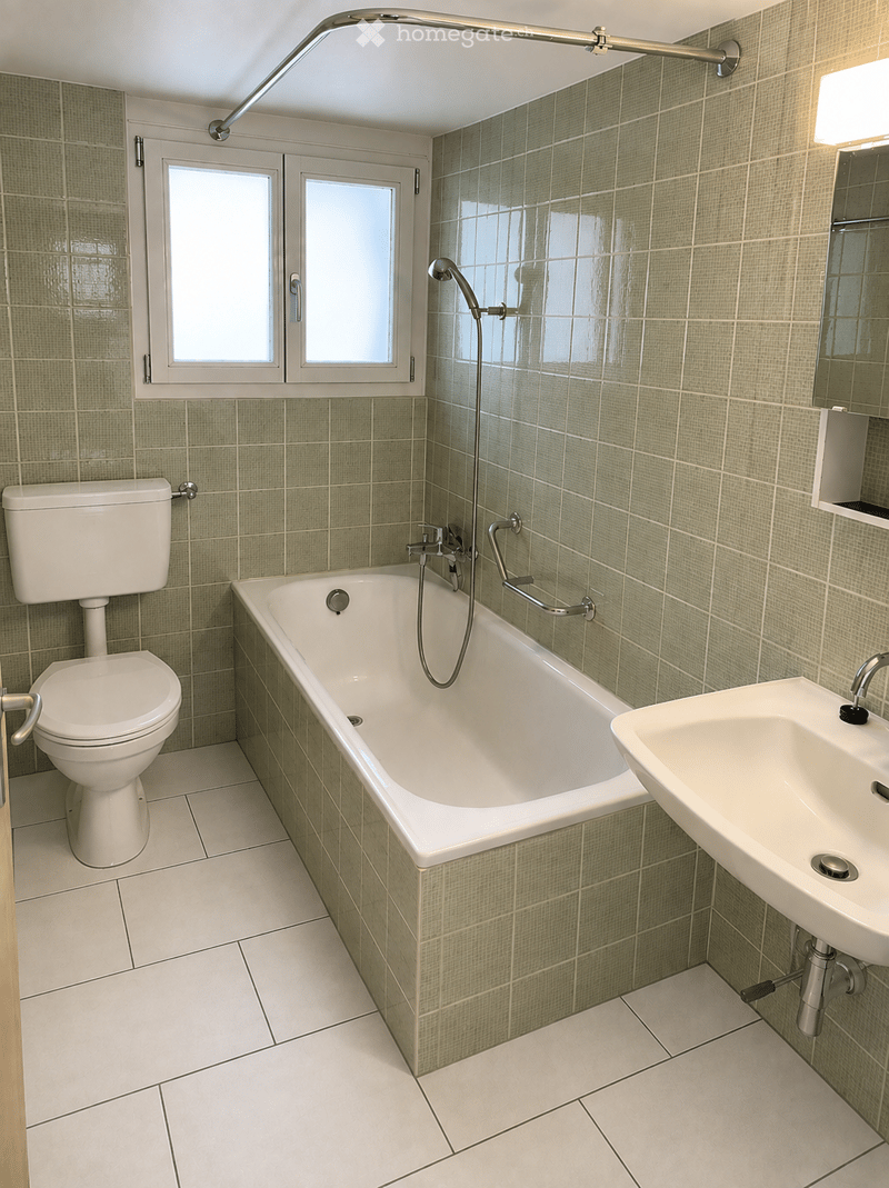Modern bathroom with green tiled walls, white fixtures including a toilet, bathtub, sink, and mirror. Features a window with frosted glass and a handheld showerhead.