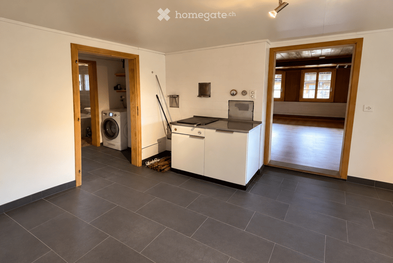 Bathroom with dark tiled floor, white walls, washing machine, dishwasher, sink, and mirror. Wooden doors lead to adjacent spaces.
