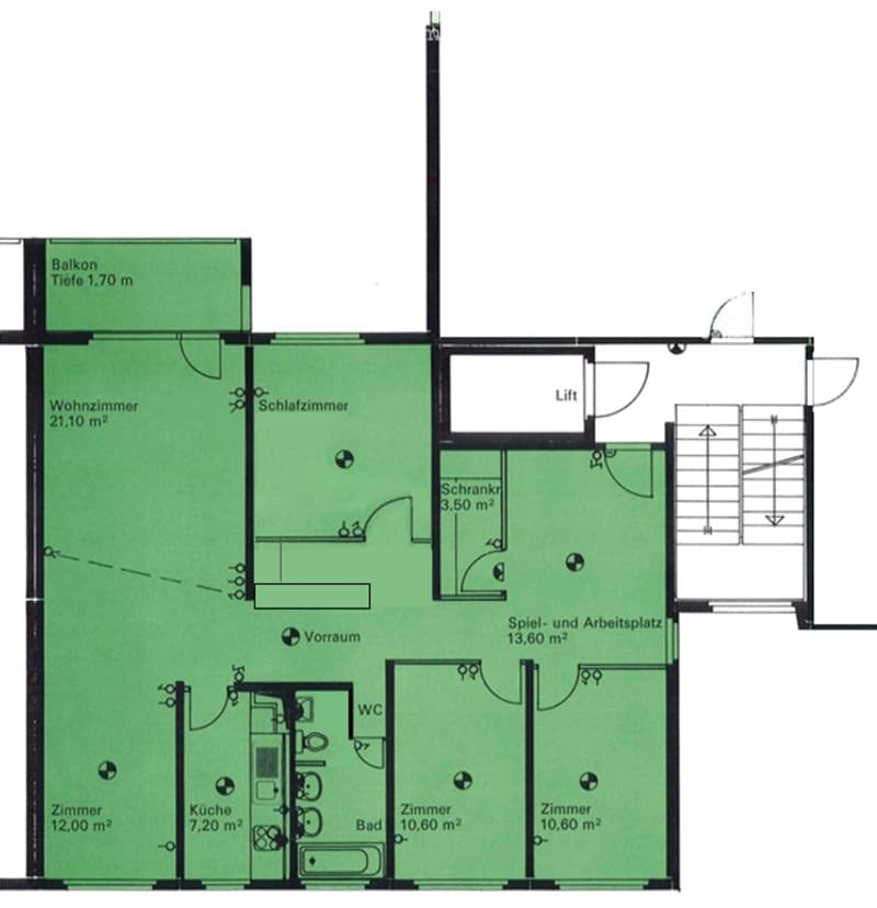 Floor plan of a 3-room apartment with a living room, kitchen, bedroom, bathroom, and balcony.