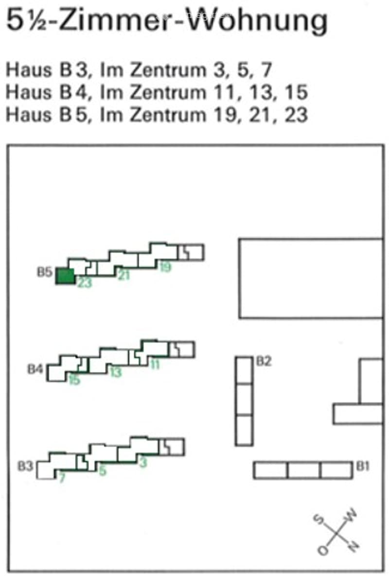 Floor plan of a 5.5-room apartment in Haus B3, B4, and B5, located in Im Zentrum 3, 5, 7; Im Zentrum 11, 13, 15; and Im Zentrum 19, 21, 23. The layout includes multiple rooms and corridors.