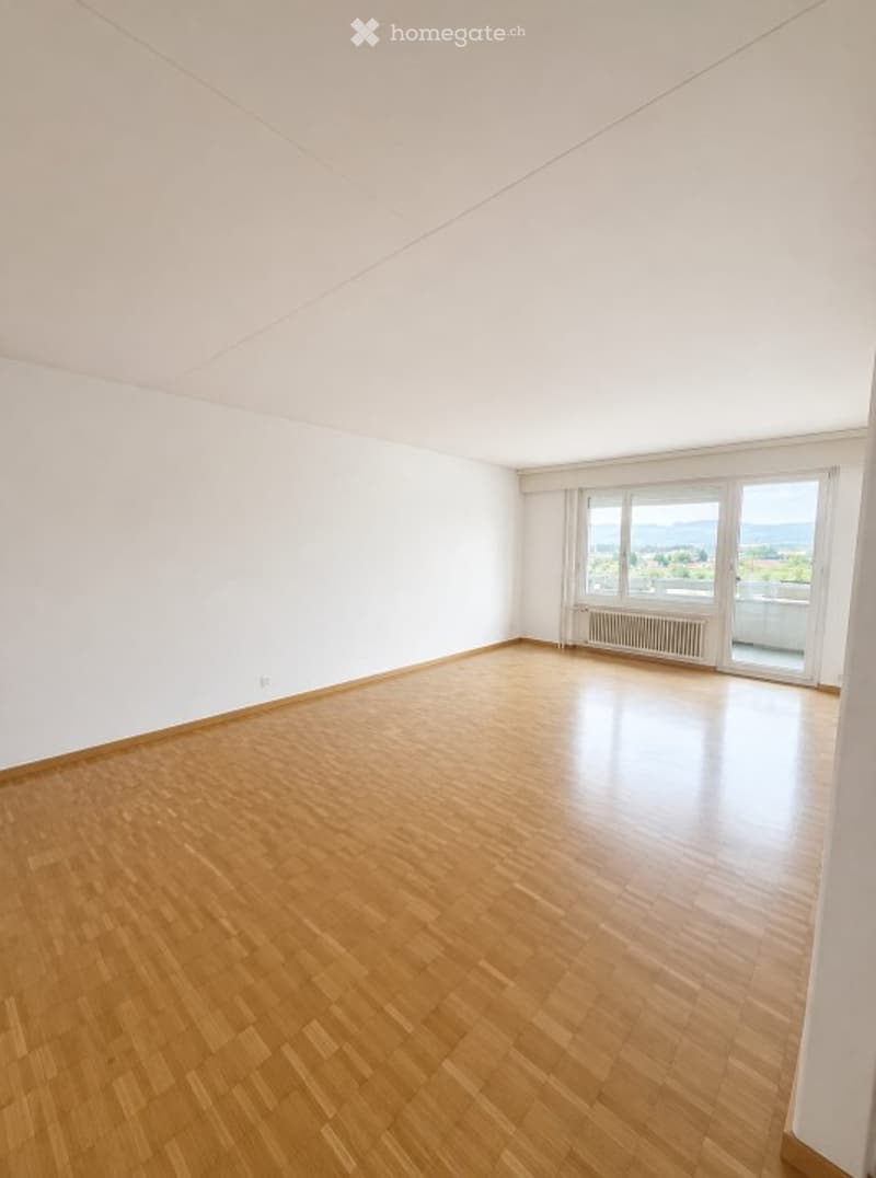 Empty room with wooden flooring, white walls, large windows offering a scenic view, and a radiator under the windows.