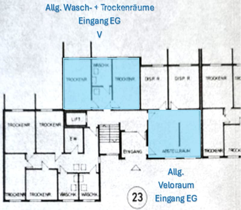 Floor plan of a building showing various rooms including a general wash and drying room, entrance, storage room, and a general bicycle room.