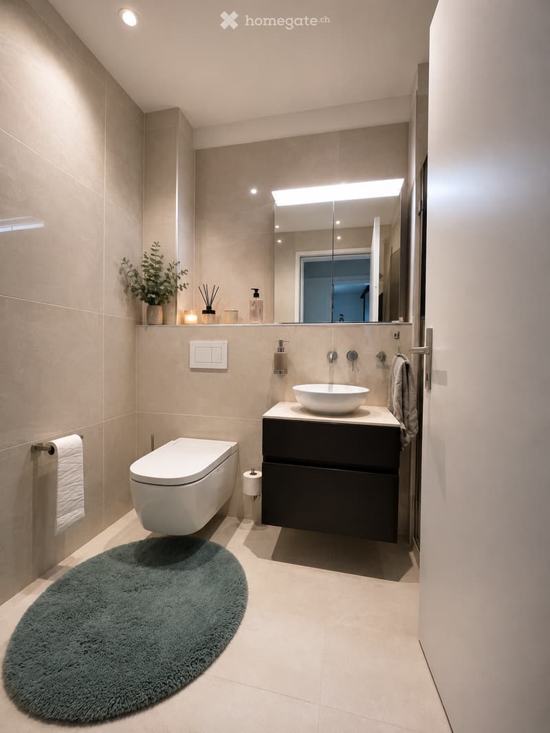 Modern bathroom with beige tiles, a floating vanity with a white sink, a toilet, a large mirror with built-in lighting, and a round shaggy rug on the floor.