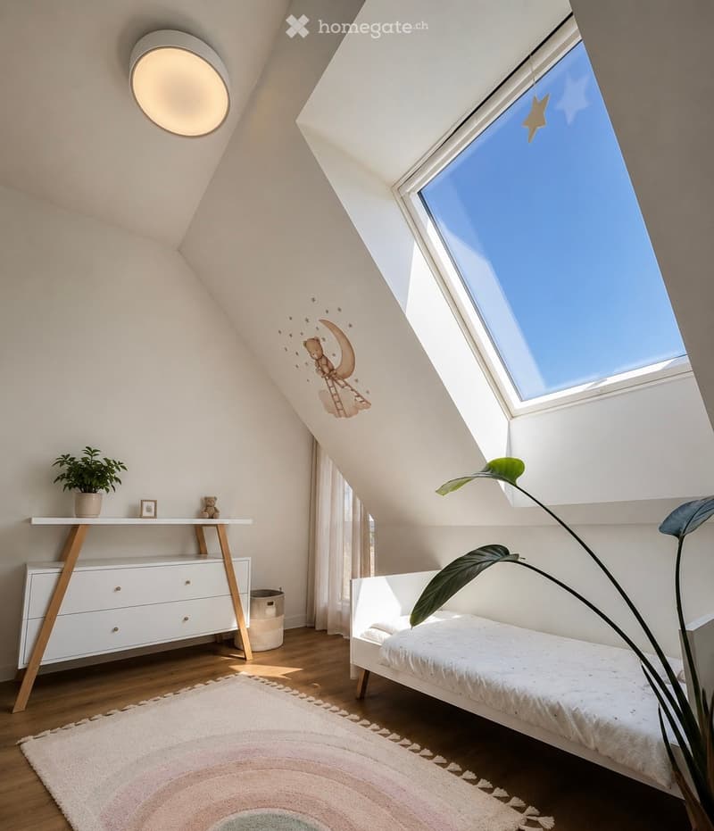 Bright, modern bedroom with slanted ceilings, skylight window, white walls, wooden floor, bed, nightstand, plant, and decorative elements.