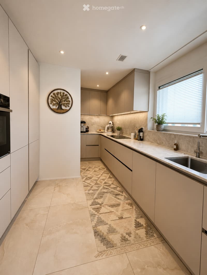 Modern kitchen with light-colored cabinets, marble countertops, and a central island. Features a sink, faucet, oven, coffee maker, blender, decorative bottle, and a small plant on the windowsill. A decorative plate is mounted on the wall.
