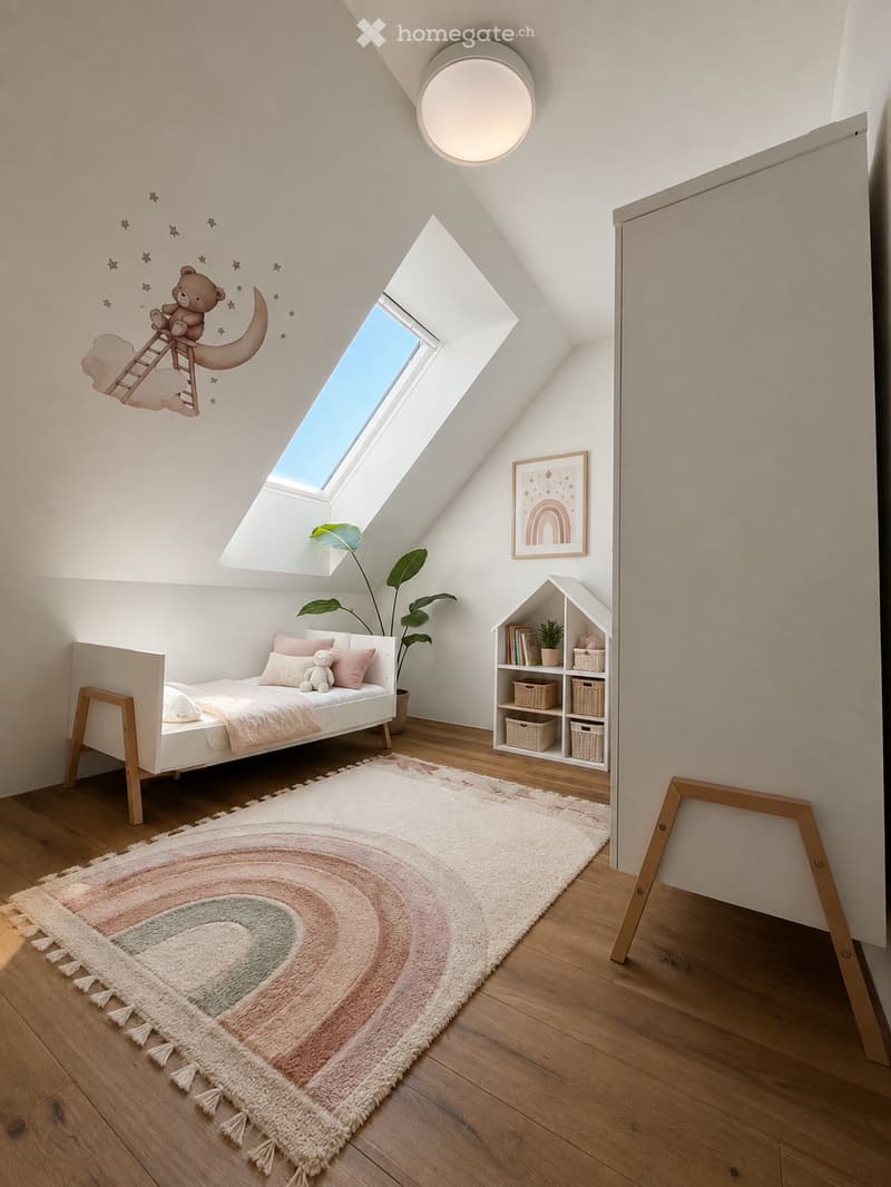 Cozy attic bedroom with wooden floor, skylight window, white bed with pink pillows and blanket, stuffed animal, plant, shelf with books and baskets, and a colorful rainbow rug.