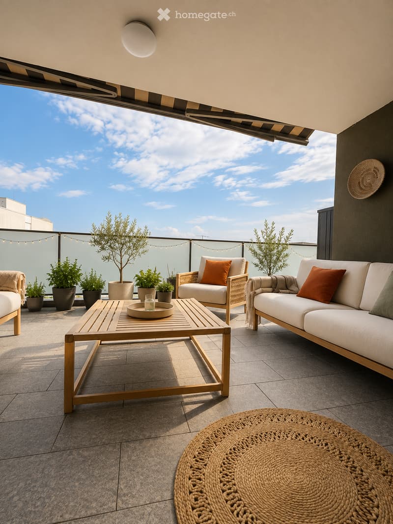 A modern balcony with a white sofa, wooden coffee table, wicker chair, and potted plants, featuring a view of the sky.