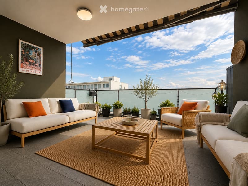 A modern rooftop terrace with a view, featuring a white sofa, wooden coffee table, wicker chairs, and potted plants.