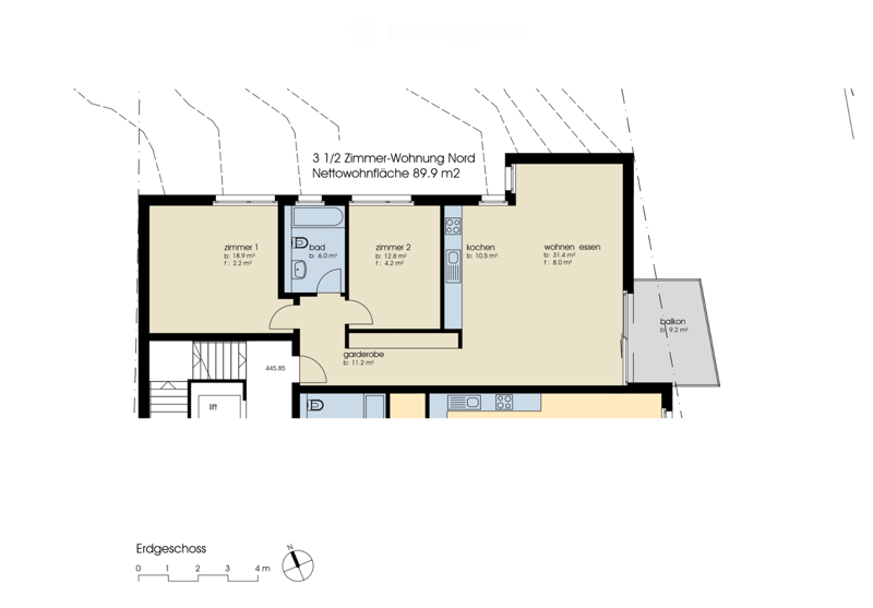 Floor plan of a 3.5-room apartment with a living/dining area, kitchen, two bedrooms, bathroom, hallway, and balcony.