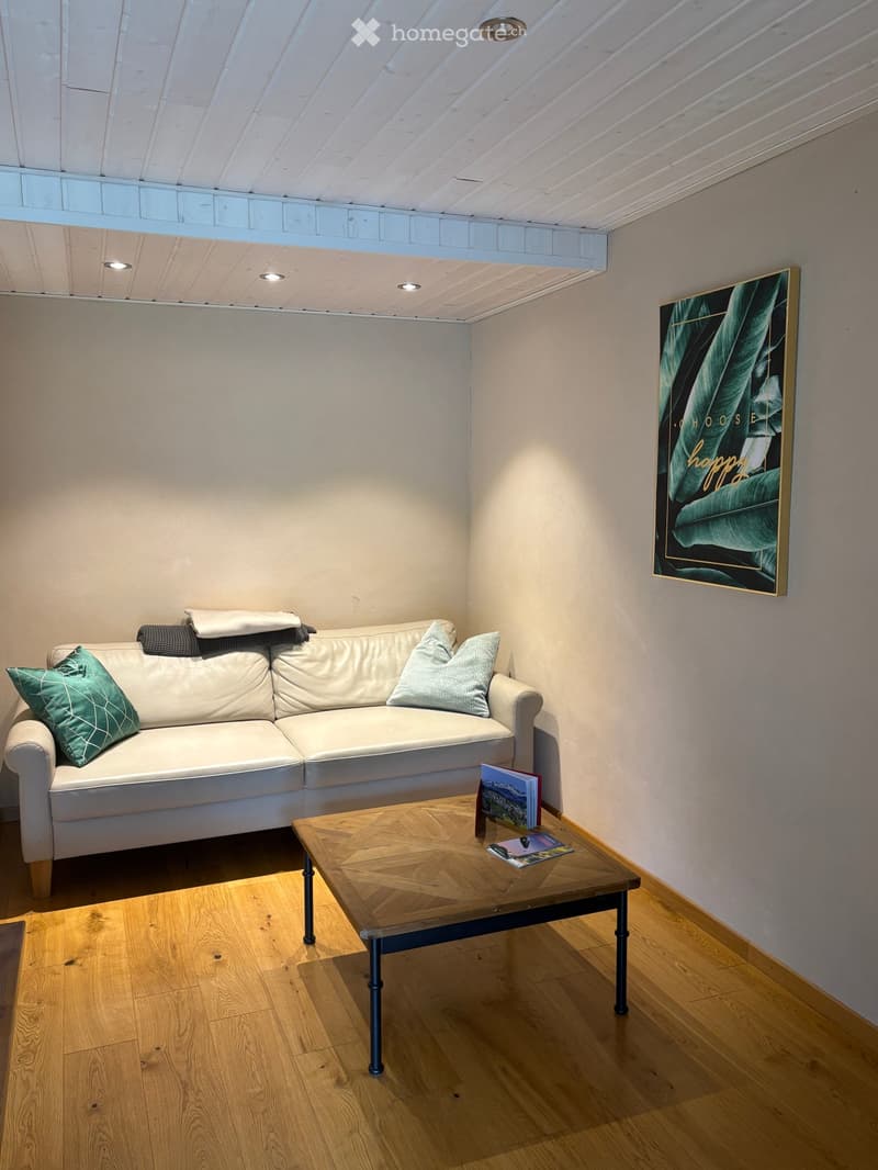 Modern living room with light-colored sofa, wooden coffee table, decorative pillows, and artwork on the wall.