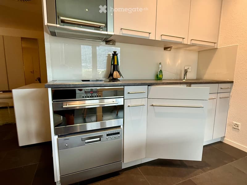Modern kitchen with white cabinets, stainless steel oven, dishwasher, and sink.
