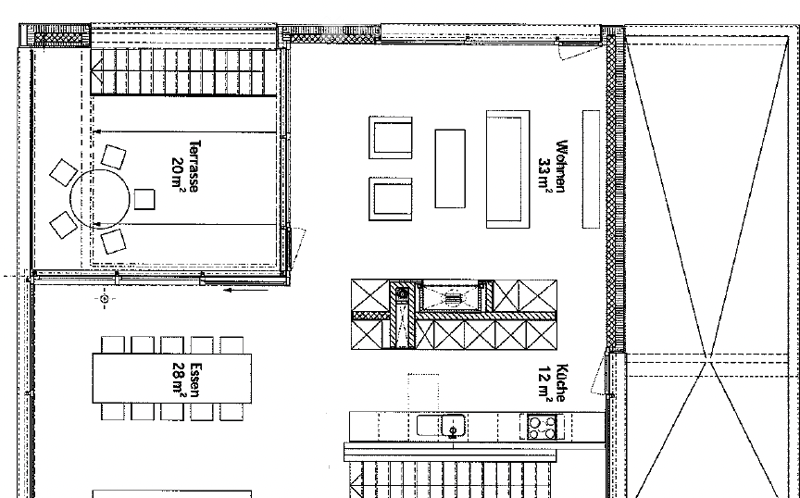 Floor plan showing a kitchen, dining area, living room, and a terrace with outdoor seating.