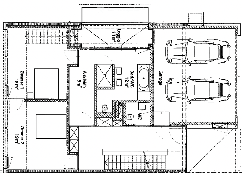 Ground floor plan showing living room, kitchen, two bedrooms, two bathrooms, garage, and parking area.