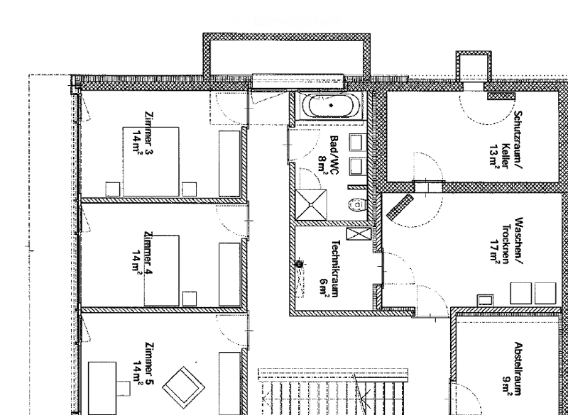 Floor plan showing five rooms, a bathroom, a technical room, a storage room, and a utility area.