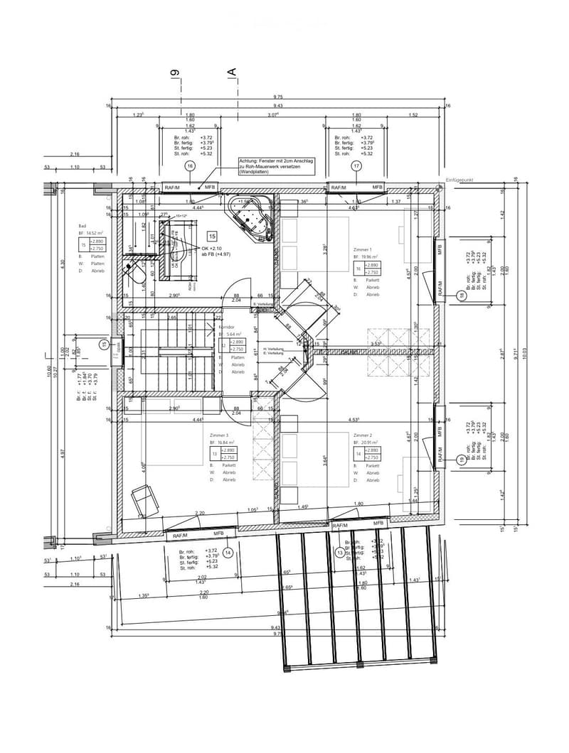 Floor plan of a residential building showing multiple rooms, including a bathroom, living room, and several bedrooms, with labeled dimensions and room numbers.
