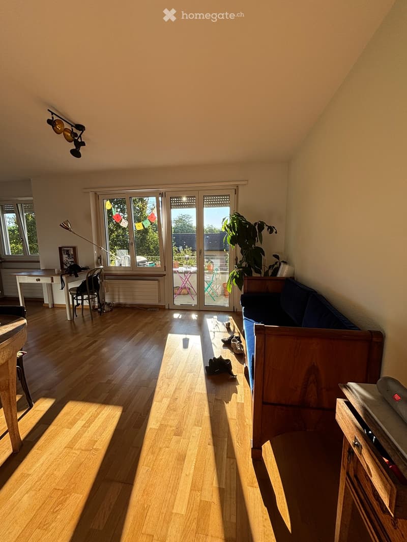 Bright living room with wooden flooring, large sliding glass doors leading to a balcony, a sofa, a small table, a chair, a floor lamp, and a potted plant.
