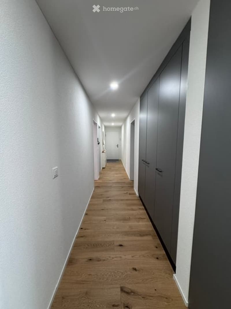 A long, narrow hallway with light wooden flooring, white walls, and built-in dark grey cabinets on one side. The ceiling has recessed lighting, and the hallway leads to several doors at the far end.