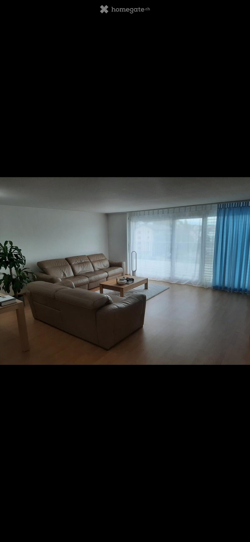 Modern living room with light-colored leather sofa, wooden coffee table, small side table, and a potted plant near the window.