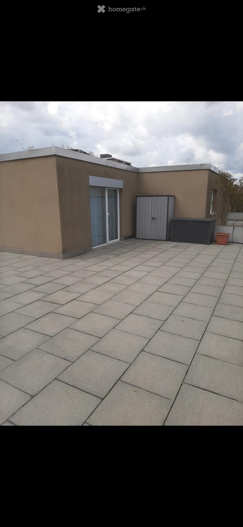 Roof terrace with tiled flooring, grey storage shed, and a small potted plant. The terrace is attached to a modern building with a sliding glass door.