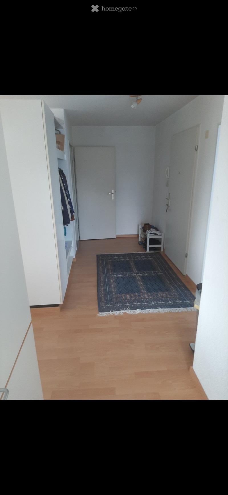 A narrow hallway with wooden flooring, white walls, and a small rug in the center. There are built-in shelves on the left and a small table with items on the right.