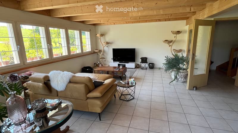 Bright living room with large windows, beige sofa, coffee table, cat tree, glass table, and decorative items.