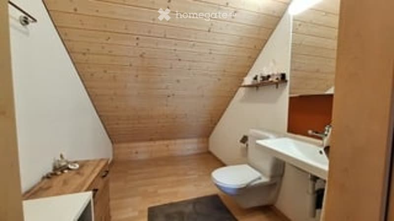 Cozy bathroom with wooden walls and floor, toilet, sink, and a small wooden shelf above the sink.