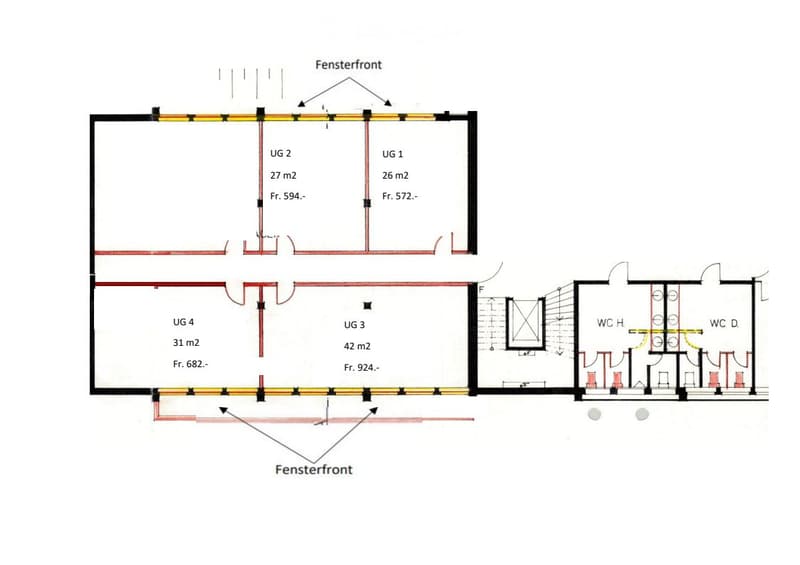 Floor plan of a multi-level building with four rooms labeled UG1, UG 2, UG 3, and UG 4, each with specified square meters and prices. Includes two bathrooms (WC H and WC D) and marked window fronts.