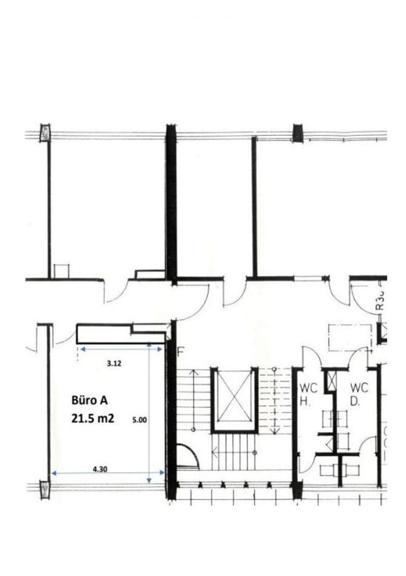 Floor plan showing a layout with a labeled office space (Büro A, 21.5 m²), two bathrooms (WC H and WC D), and a central area with a staircase.