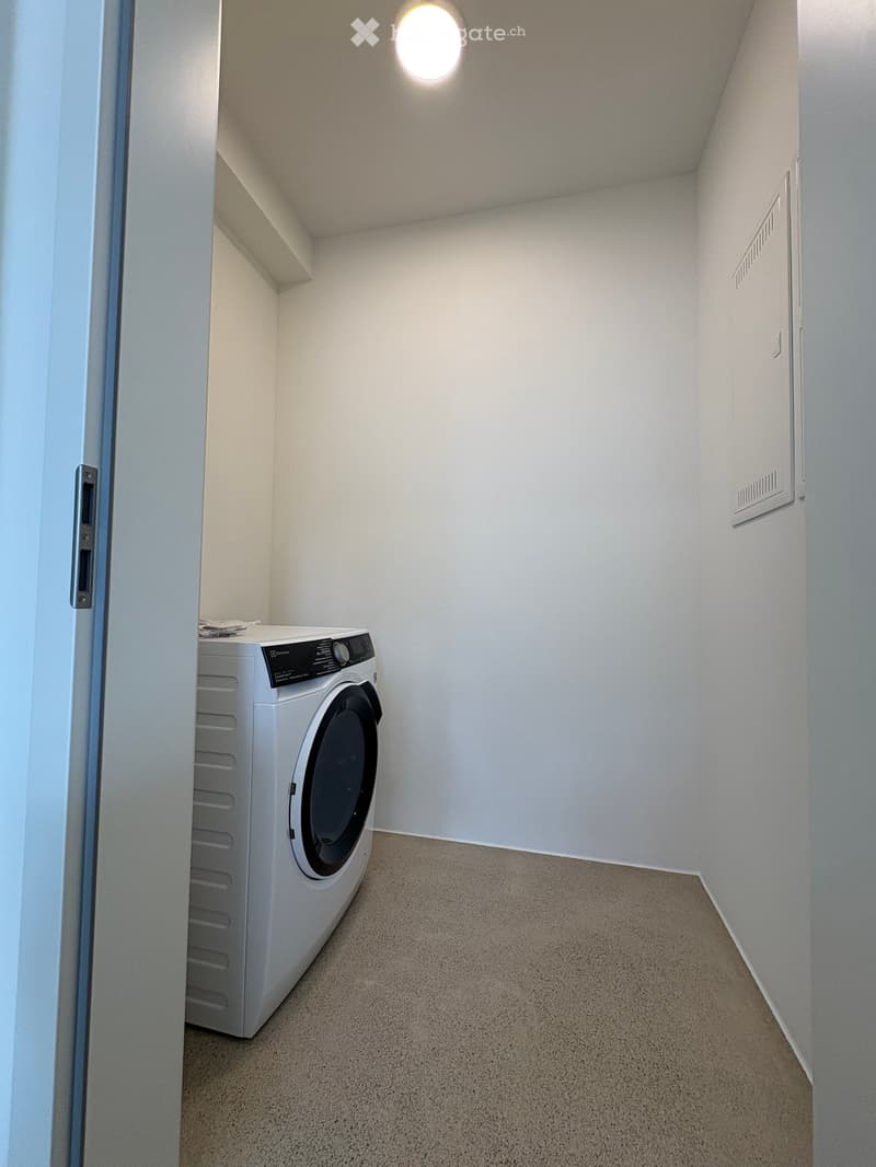 Small, well-lit room with a white washing machine positioned against the wall, carpeted floor, and white walls.
