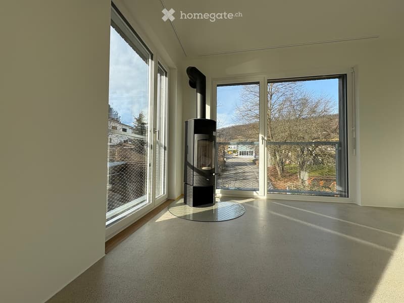 Empty room with large windows, fireplace, and a view of the outdoors.