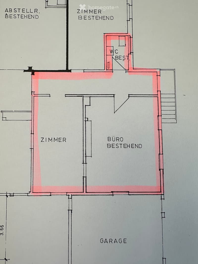 Floor plan showing a garage, existing office, existing room, existing bathroom, and existing storage area.
